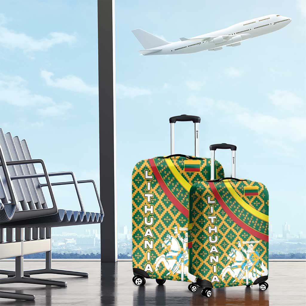 Lithuania Knight Pattern Luggage Cover with Traditional Green Yellow Red Design and Vytis Emblem - Wonder Print Shop