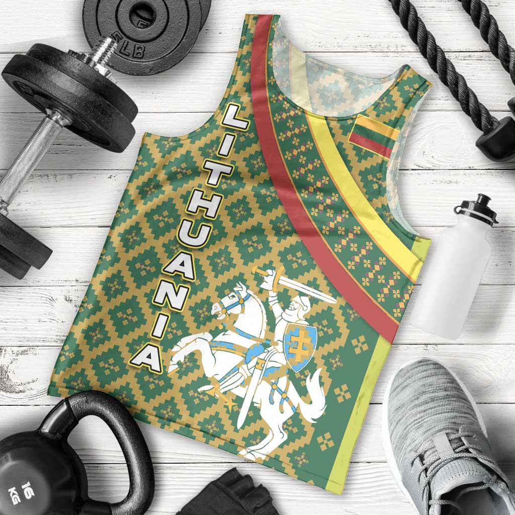Lithuania Knight Pattern Men Tank Top with Traditional Green Yellow Red Design and Vytis Emblem - Wonder Print Shop