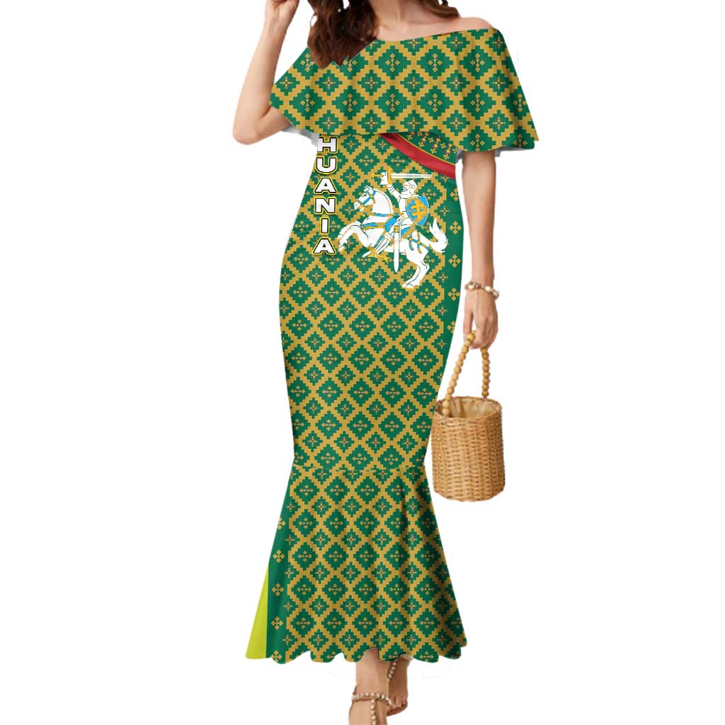 Lithuania Knight Pattern Mermaid Dress with Traditional Green Yellow Red Design and Vytis Emblem - Wonder Print Shop