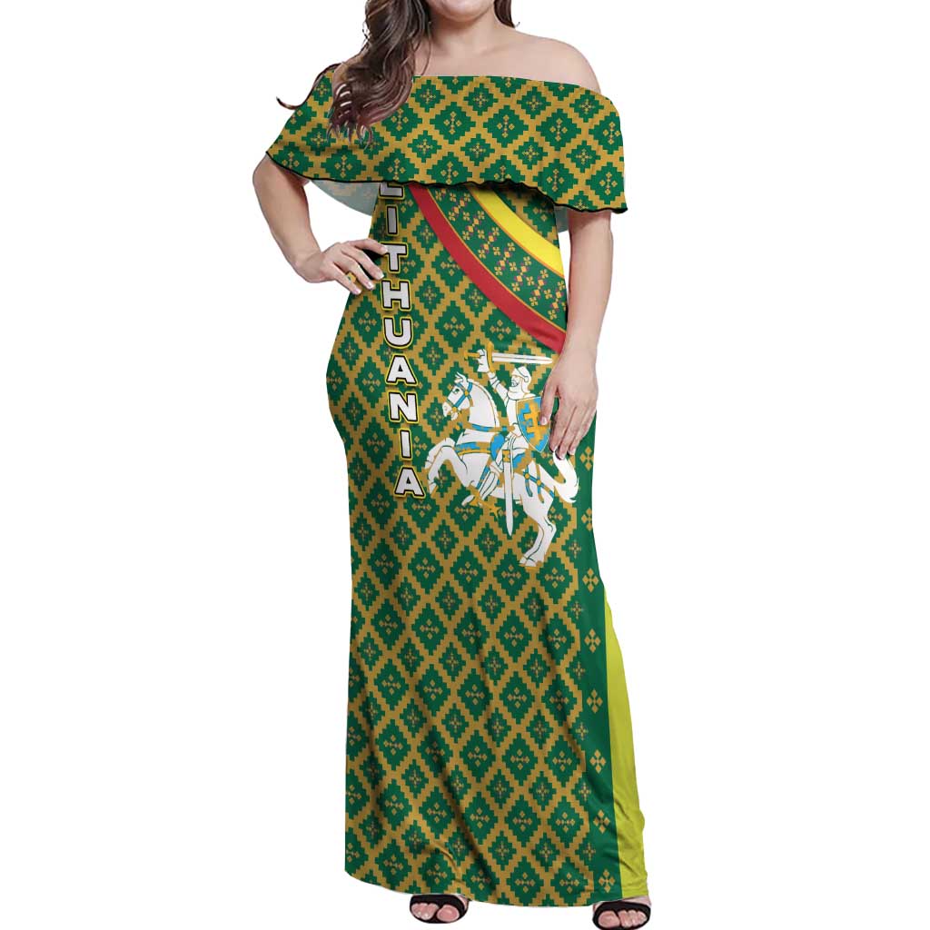 Lithuania Knight Pattern Off Shoulder Maxi Dress with Traditional Green Yellow Red Design and Vytis Emblem - Wonder Print Shop
