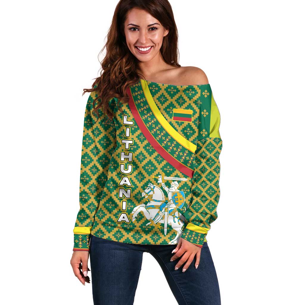 Lithuania Knight Pattern Off Shoulder Sweater with Traditional Green Yellow Red Design and Vytis Emblem - Wonder Print Shop