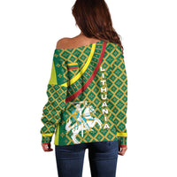 Lithuania Knight Pattern Off Shoulder Sweater with Traditional Green Yellow Red Design and Vytis Emblem - Wonder Print Shop