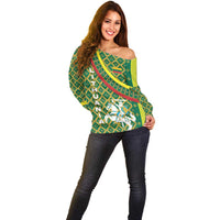 Lithuania Knight Pattern Off Shoulder Sweater with Traditional Green Yellow Red Design and Vytis Emblem - Wonder Print Shop