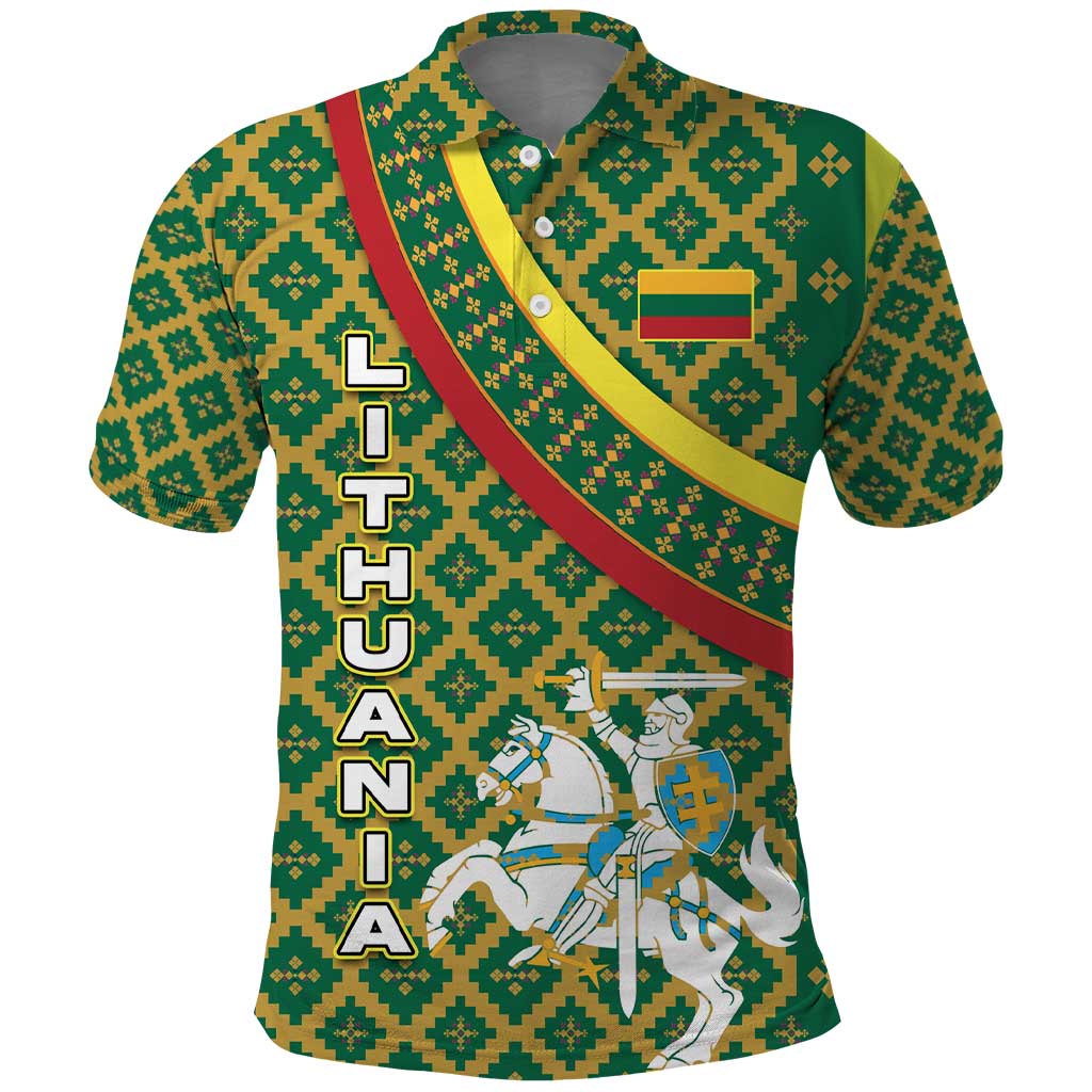 Lithuania Knight Pattern Polo Shirt with Traditional Green Yellow Red Design and Vytis Emblem - Wonder Print Shop