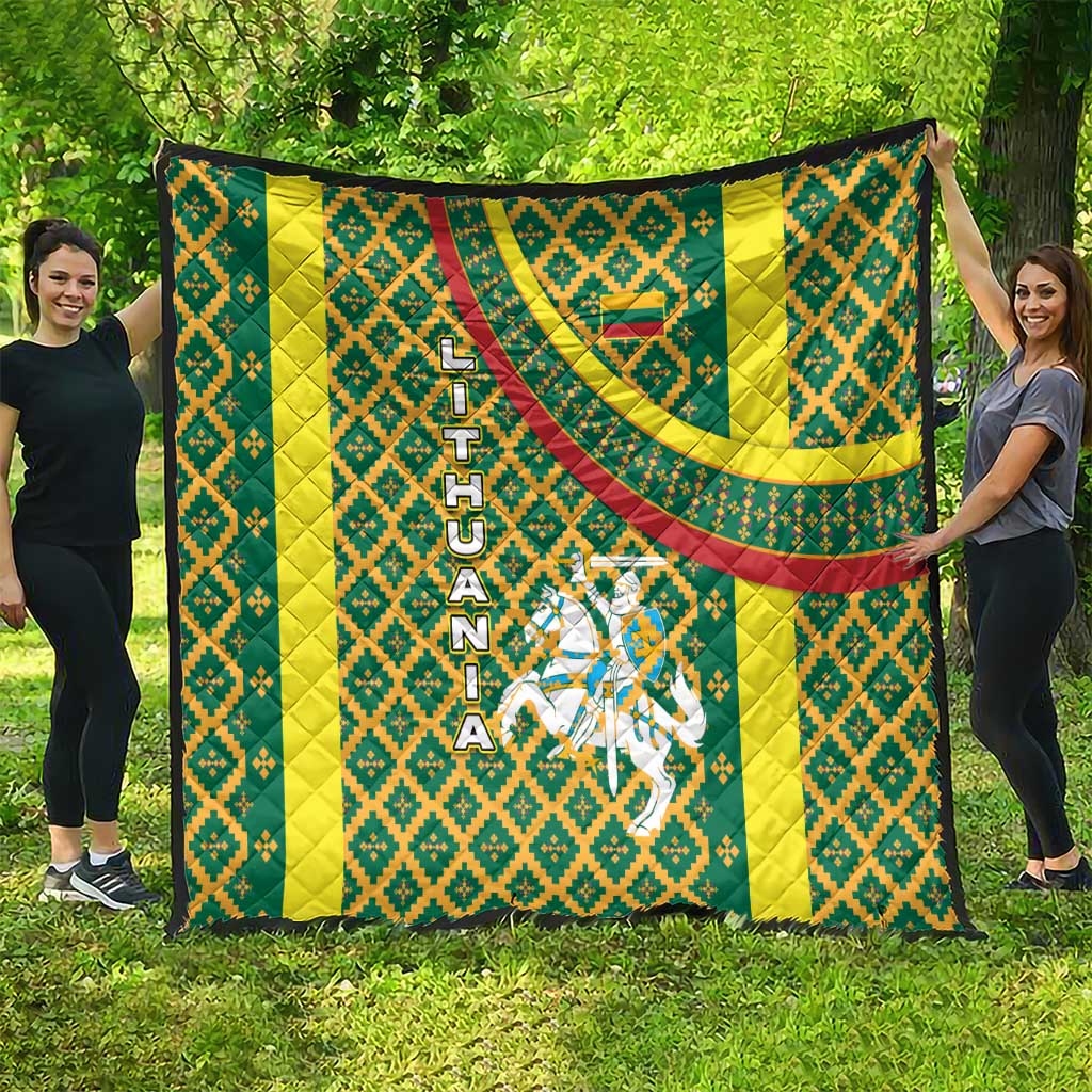 Lithuania Knight Pattern Quilt with Traditional Green Yellow Red Design and Vytis Emblem - Wonder Print Shop
