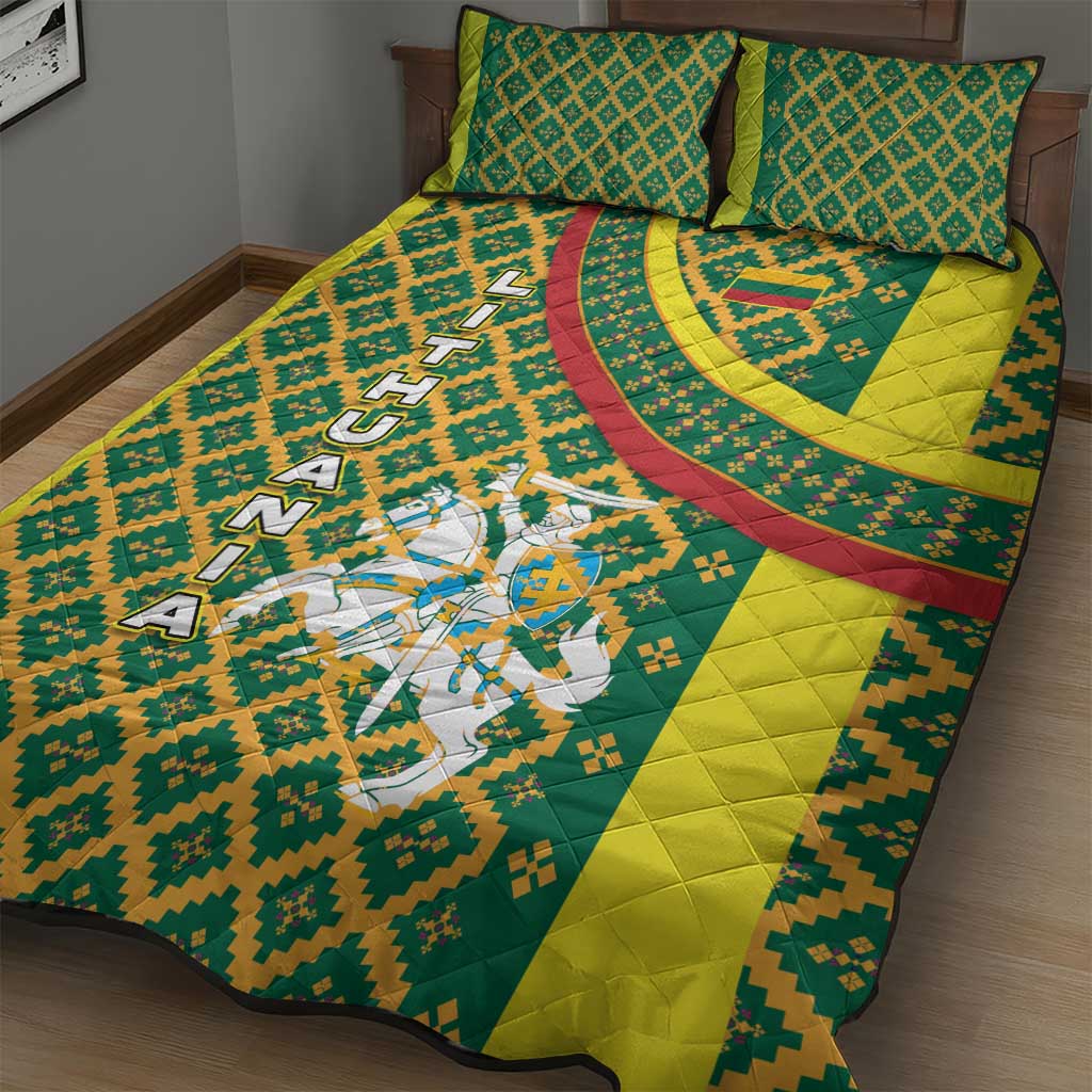 Lithuania Knight Pattern Quilt Bed Set with Traditional Green Yellow Red Design and Vytis Emblem - Wonder Print Shop
