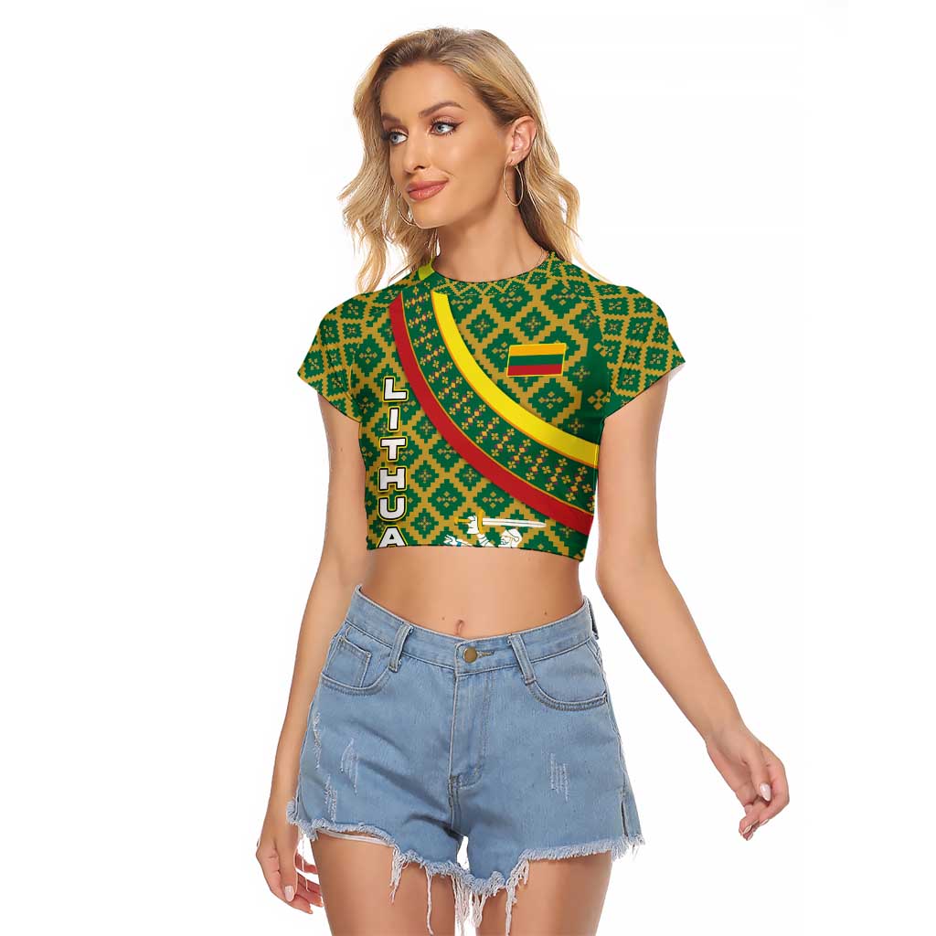 Lithuania Knight Pattern Raglan Cropped T Shirt with Traditional Green Yellow Red Design and Vytis Emblem - Wonder Print Shop