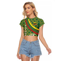 Lithuania Knight Pattern Raglan Cropped T Shirt with Traditional Green Yellow Red Design and Vytis Emblem - Wonder Print Shop
