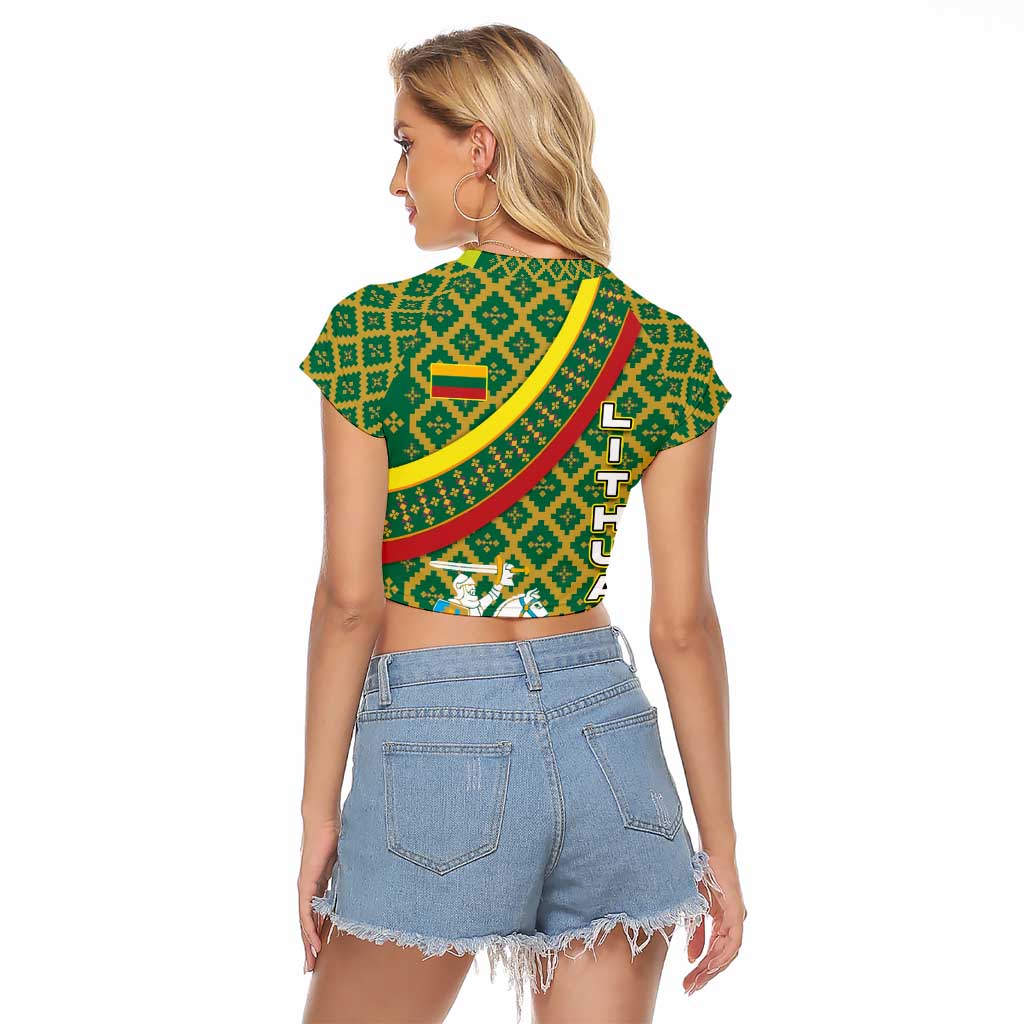 Lithuania Knight Pattern Raglan Cropped T Shirt with Traditional Green Yellow Red Design and Vytis Emblem - Wonder Print Shop