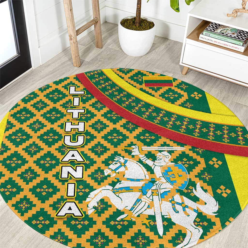 Lithuania Knight Pattern Round Carpet with Traditional Green Yellow Red Design and Vytis Emblem - Wonder Print Shop