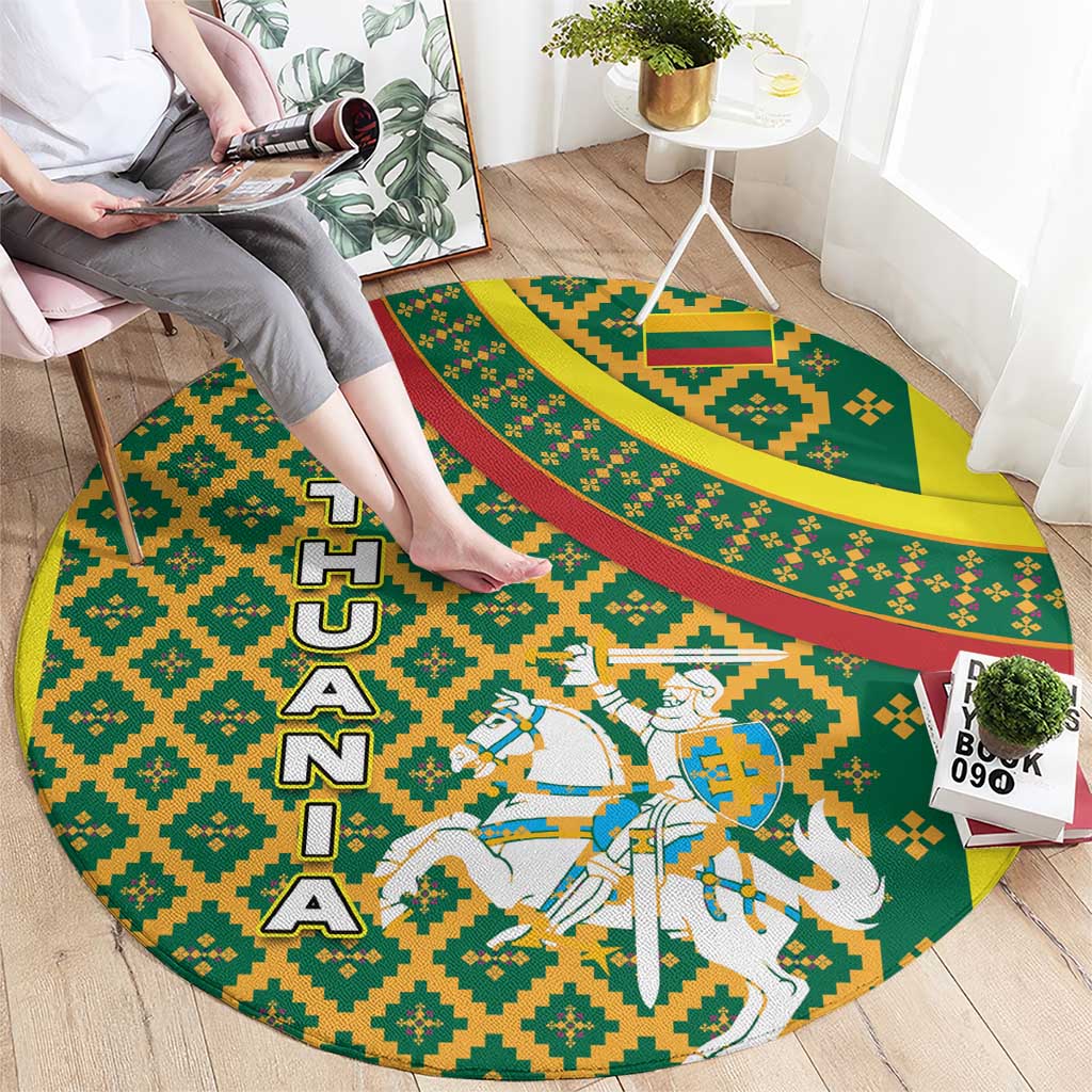 Lithuania Knight Pattern Round Carpet with Traditional Green Yellow Red Design and Vytis Emblem - Wonder Print Shop