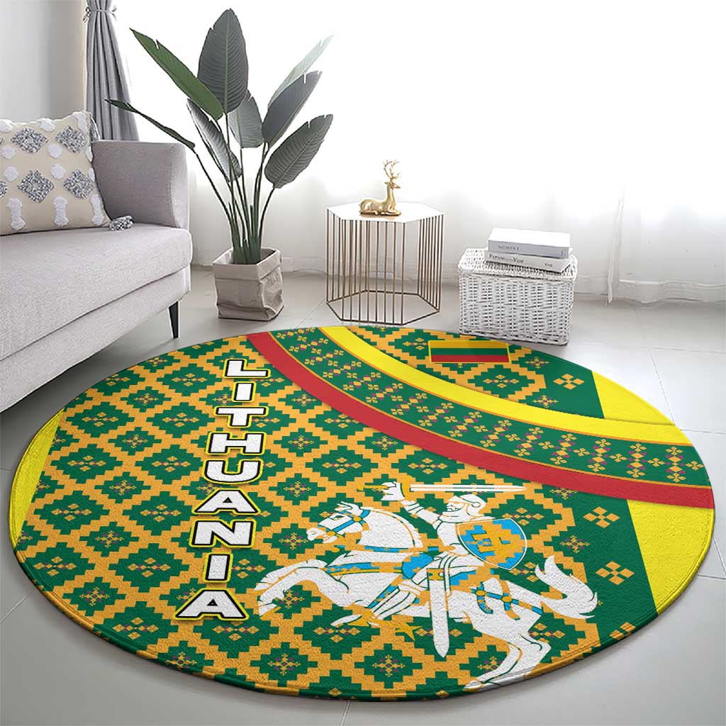 Lithuania Knight Pattern Round Carpet with Traditional Green Yellow Red Design and Vytis Emblem - Wonder Print Shop