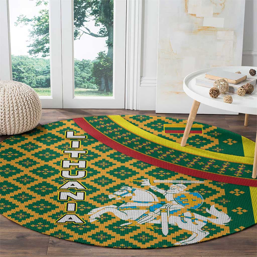 Lithuania Knight Pattern Round Carpet with Traditional Green Yellow Red Design and Vytis Emblem - Wonder Print Shop