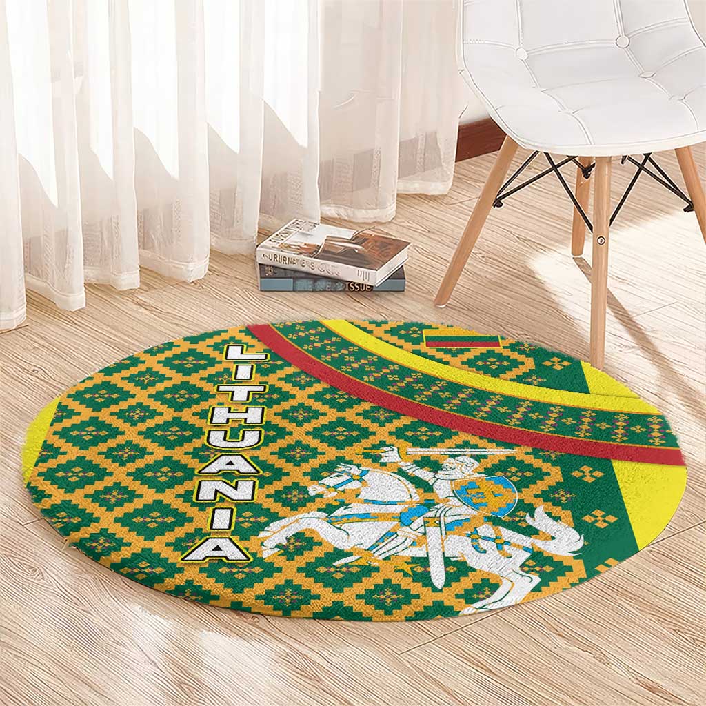 Lithuania Knight Pattern Round Carpet with Traditional Green Yellow Red Design and Vytis Emblem - Wonder Print Shop