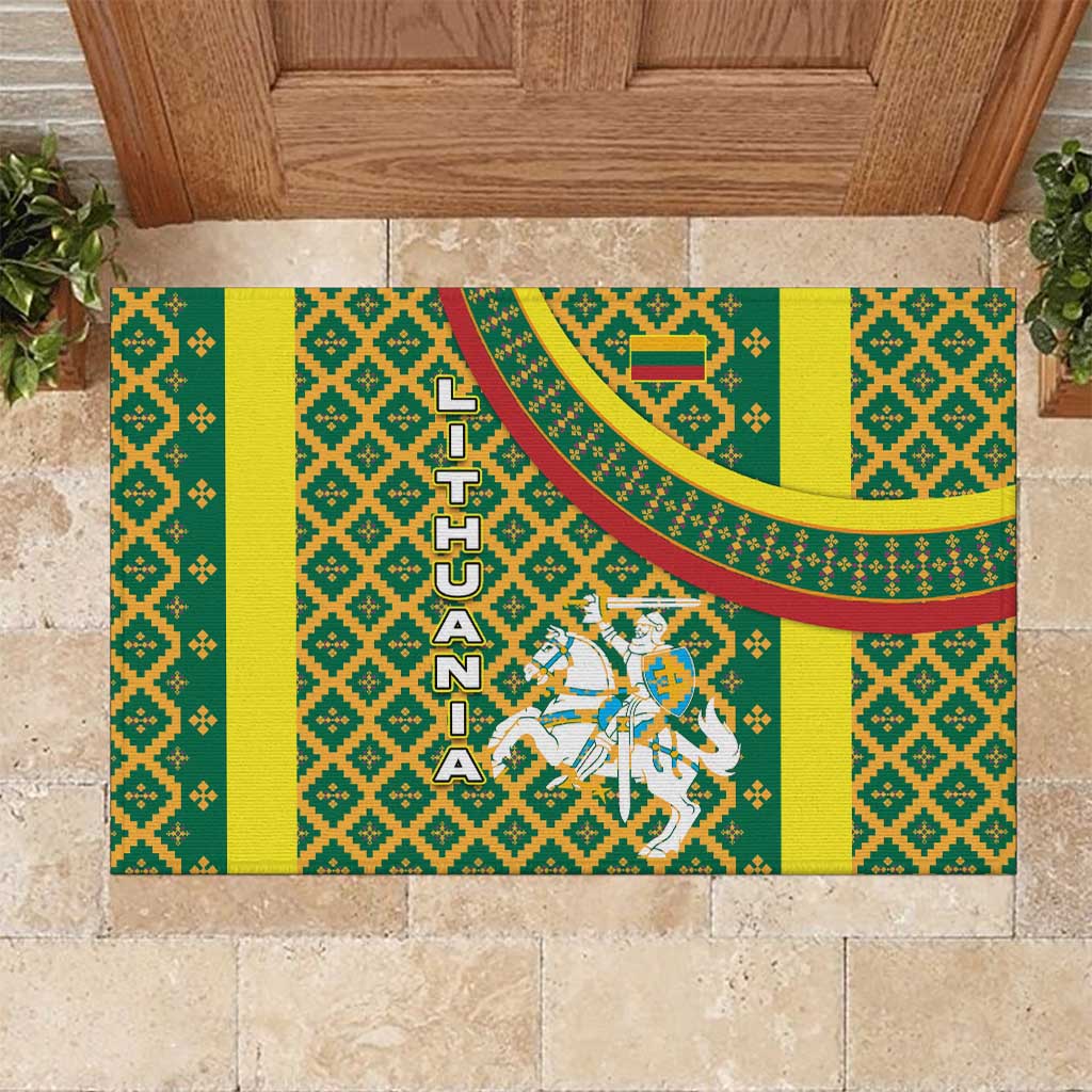 Lithuania Knight Pattern Rubber Doormat with Traditional Green Yellow Red Design and Vytis Emblem - Wonder Print Shop