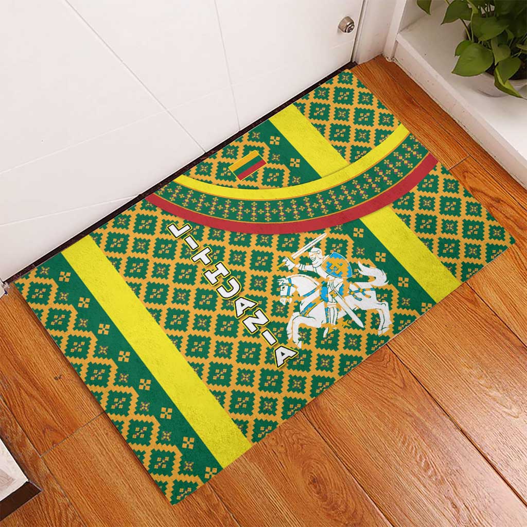Lithuania Knight Pattern Rubber Doormat with Traditional Green Yellow Red Design and Vytis Emblem - Wonder Print Shop