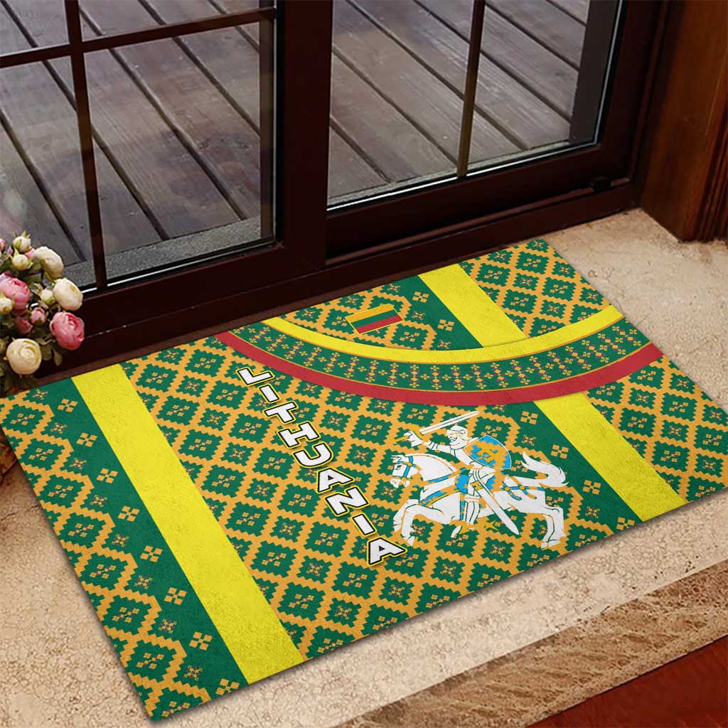 Lithuania Knight Pattern Rubber Doormat with Traditional Green Yellow Red Design and Vytis Emblem - Wonder Print Shop