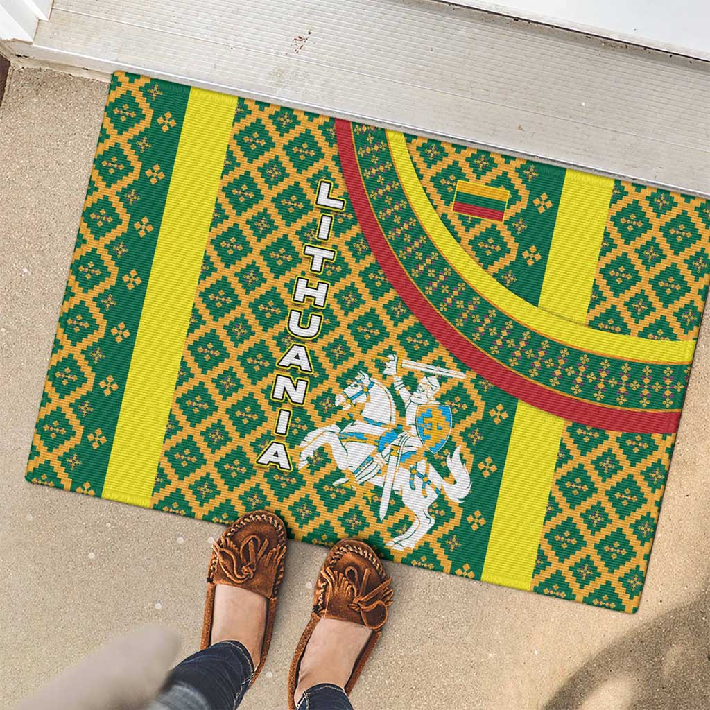 Lithuania Knight Pattern Rubber Doormat with Traditional Green Yellow Red Design and Vytis Emblem - Wonder Print Shop