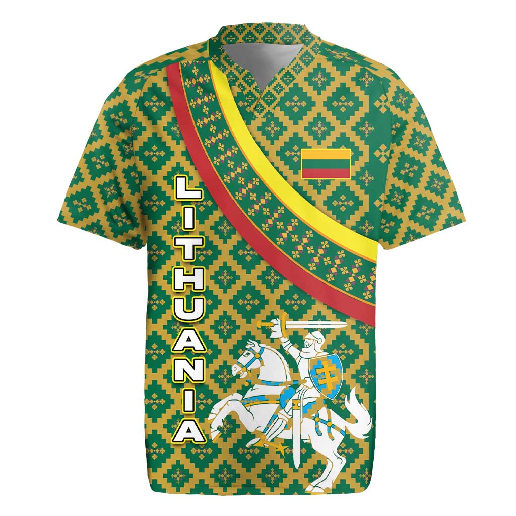 Lithuania Knight Pattern Rugby Jersey with Traditional Green Yellow Red Design and Vytis Emblem - Wonder Print Shop