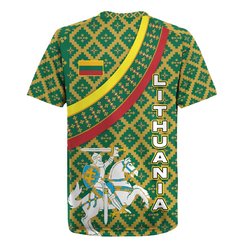 Lithuania Knight Pattern Rugby Jersey with Traditional Green Yellow Red Design and Vytis Emblem - Wonder Print Shop