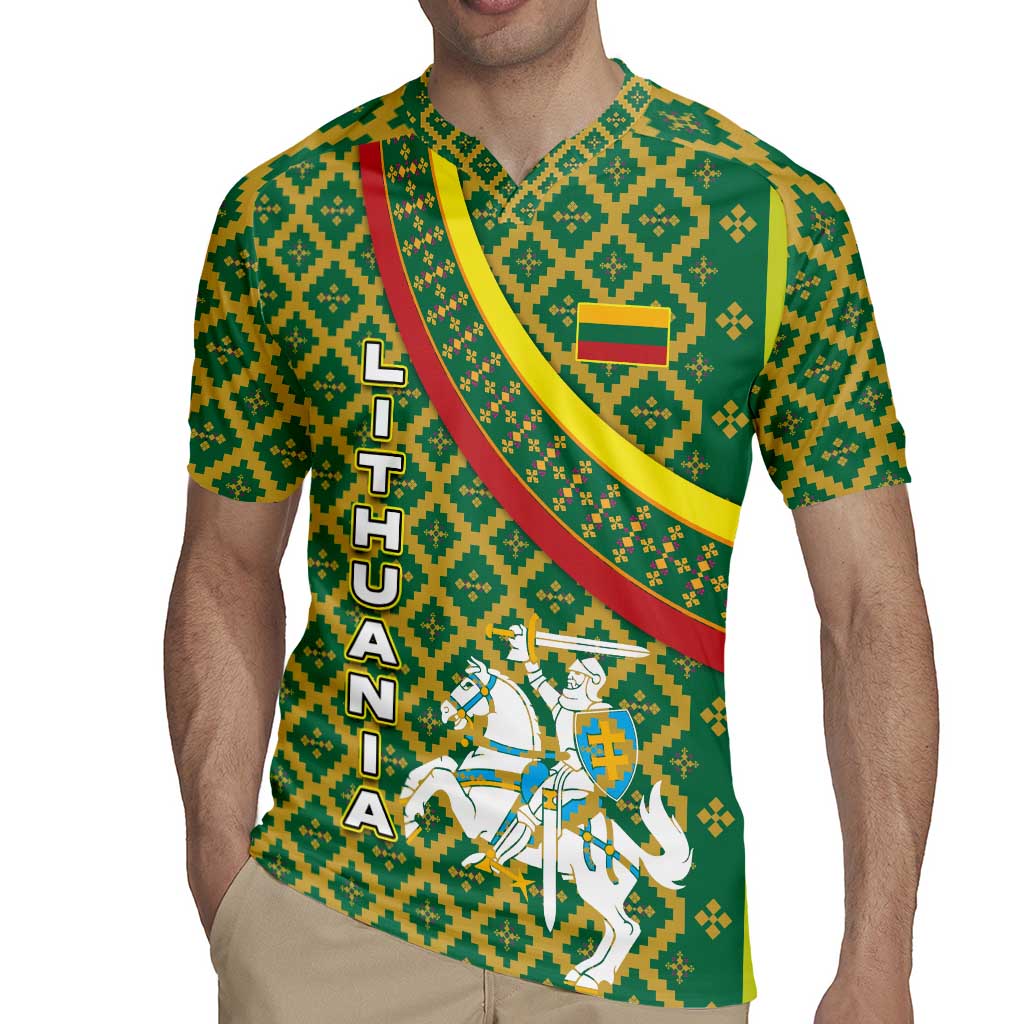 Lithuania Knight Pattern Rugby Jersey with Traditional Green Yellow Red Design and Vytis Emblem - Wonder Print Shop