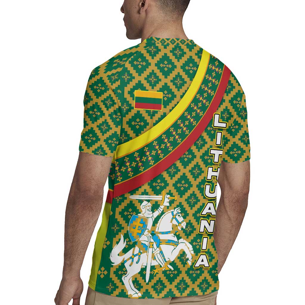 Lithuania Knight Pattern Rugby Jersey with Traditional Green Yellow Red Design and Vytis Emblem - Wonder Print Shop