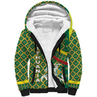 Lithuania Knight Pattern Sherpa Hoodie with Traditional Green Yellow Red Design and Vytis Emblem - Wonder Print Shop