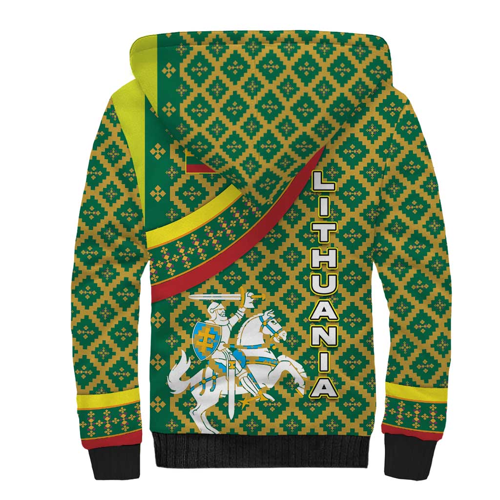 Lithuania Knight Pattern Sherpa Hoodie with Traditional Green Yellow Red Design and Vytis Emblem - Wonder Print Shop