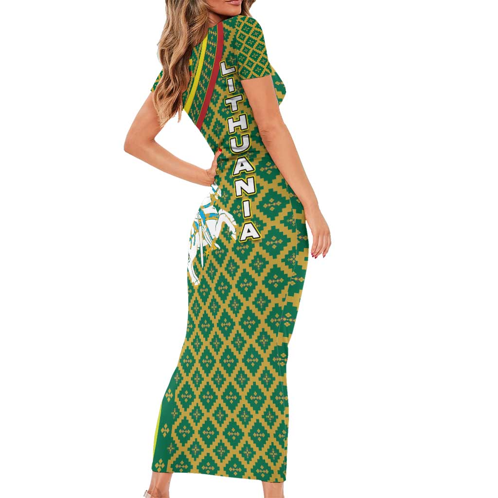 Lithuania Knight Pattern Short Sleeve Bodycon Dress with Traditional Green Yellow Red Design and Vytis Emblem - Wonder Print Shop