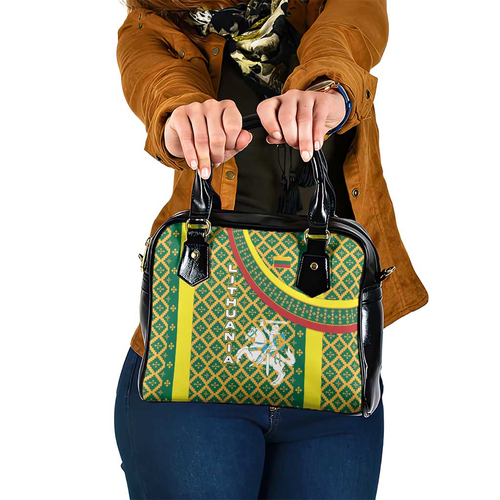 Lithuania Knight Pattern Shoulder Handbag with Traditional Green Yellow Red Design and Vytis Emblem - Wonder Print Shop