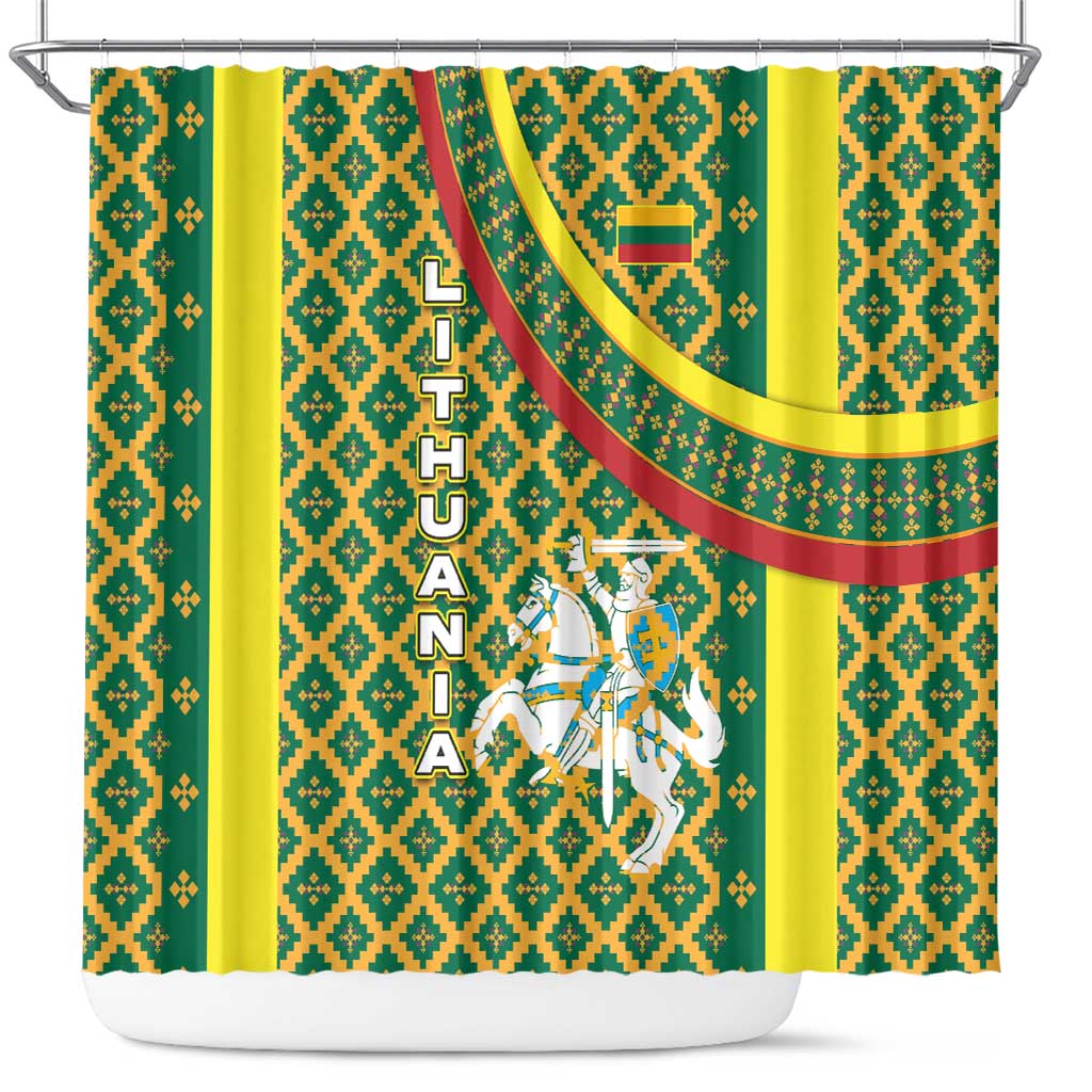 Lithuania Knight Pattern Shower Curtain with Traditional Green Yellow Red Design and Vytis Emblem - Wonder Print Shop