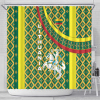 Lithuania Knight Pattern Shower Curtain with Traditional Green Yellow Red Design and Vytis Emblem - Wonder Print Shop