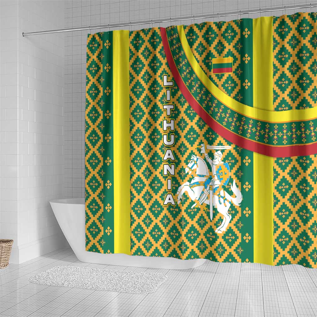 Lithuania Knight Pattern Shower Curtain with Traditional Green Yellow Red Design and Vytis Emblem - Wonder Print Shop