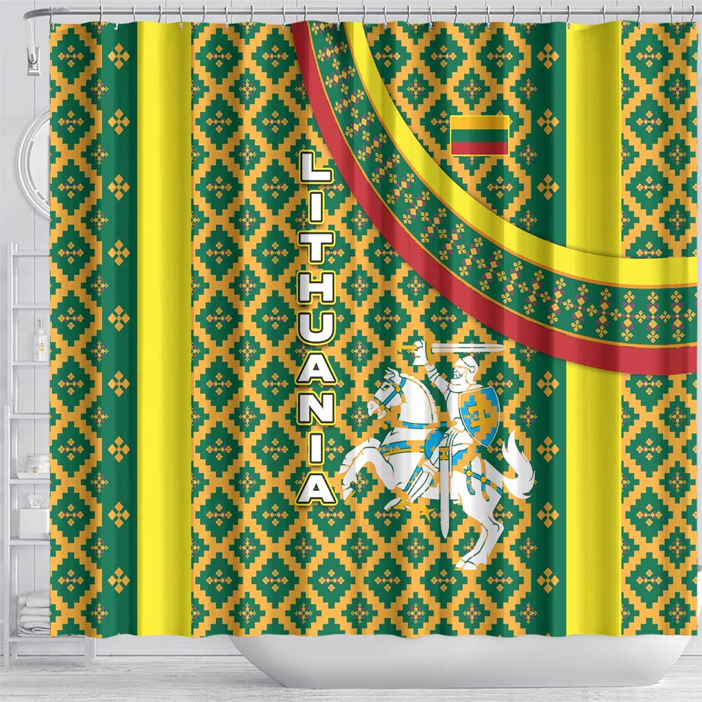 Lithuania Knight Pattern Shower Curtain with Traditional Green Yellow Red Design and Vytis Emblem - Wonder Print Shop