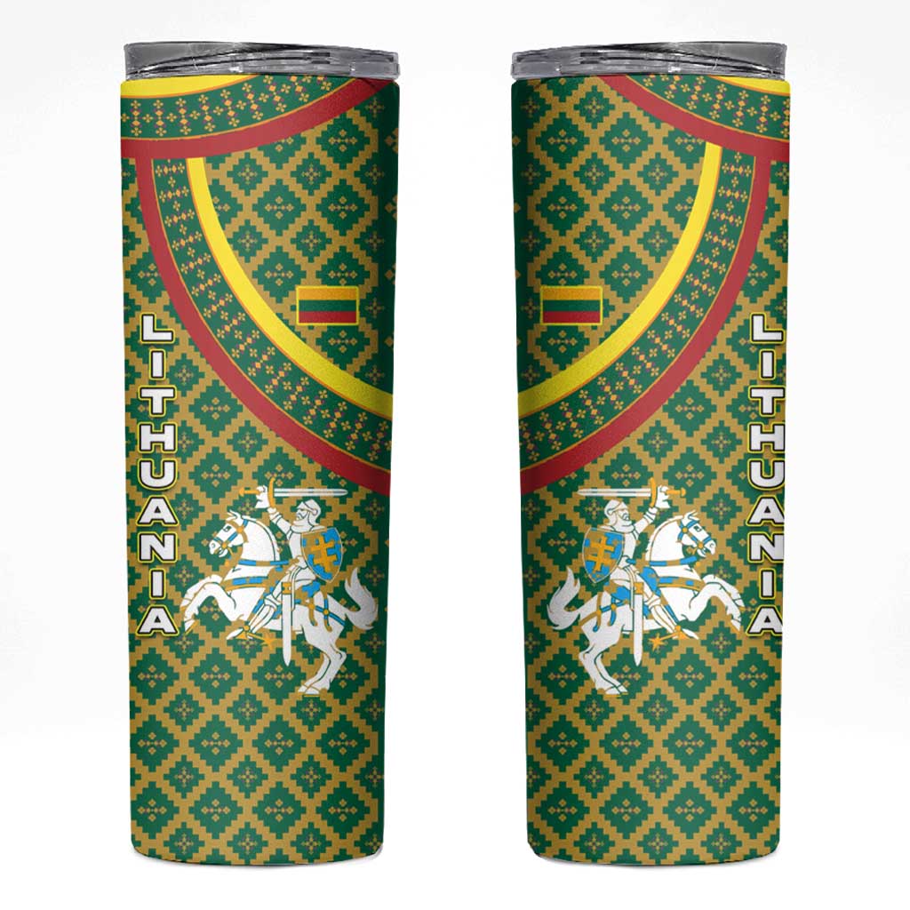 Lithuania Knight Pattern Skinny Tumbler with Traditional Green Yellow Red Design and Vytis Emblem - Wonder Print Shop