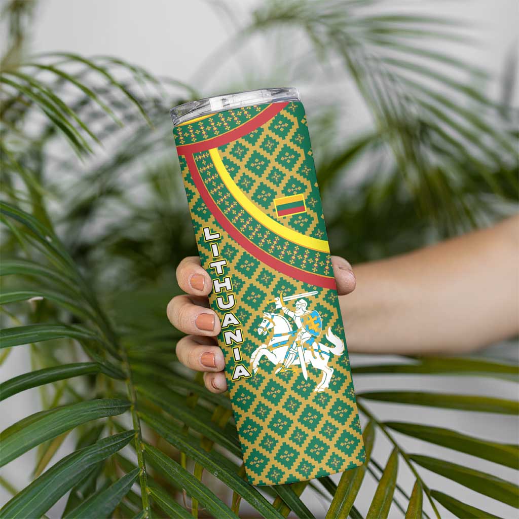 Lithuania Knight Pattern Skinny Tumbler with Traditional Green Yellow Red Design and Vytis Emblem - Wonder Print Shop
