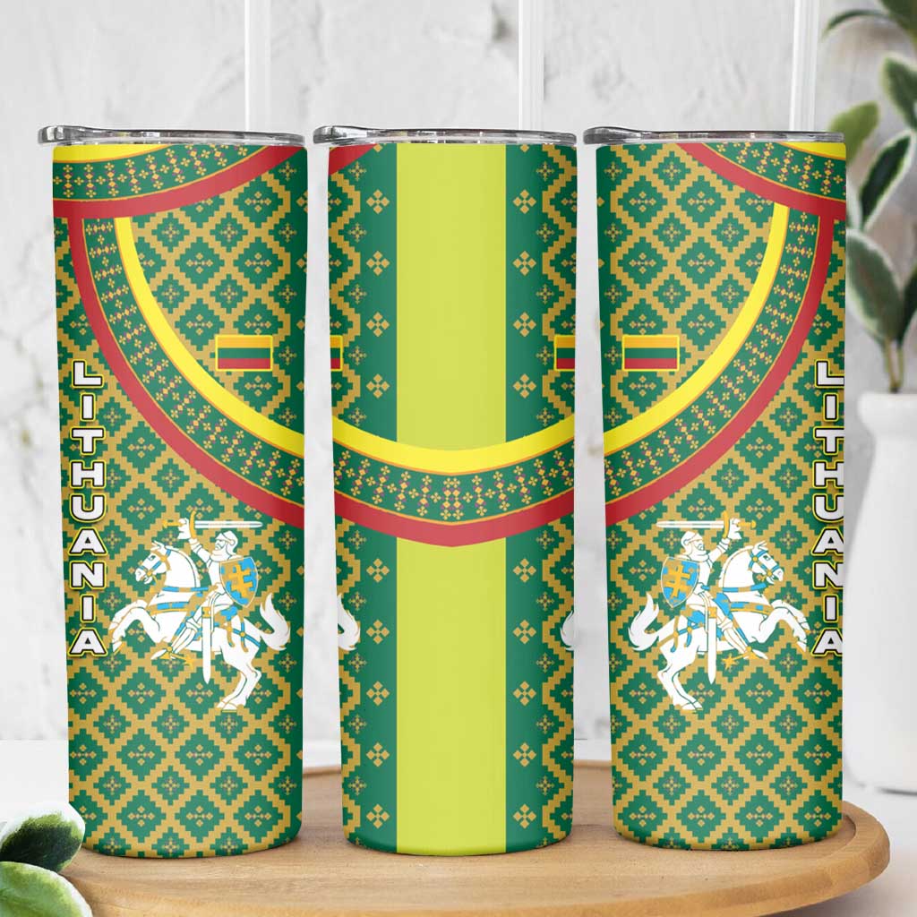 Lithuania Knight Pattern Skinny Tumbler with Traditional Green Yellow Red Design and Vytis Emblem - Wonder Print Shop