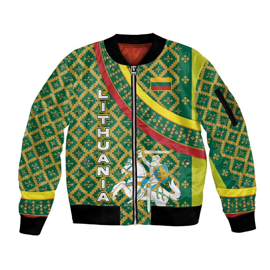 Lithuania Knight Pattern Sleeve Zip Bomber Jacket with Traditional Green Yellow Red Design and Vytis Emblem - Wonder Print Shop