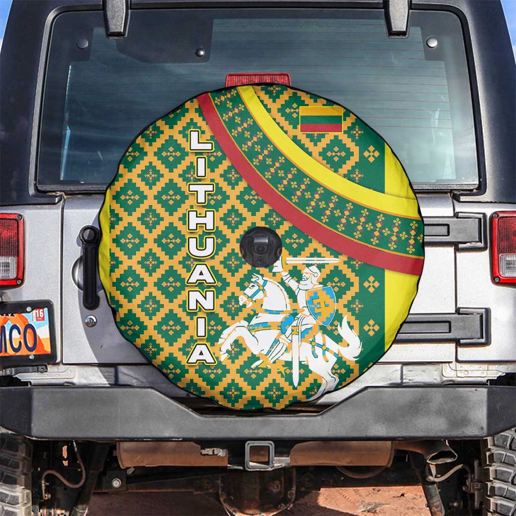 Lithuania Knight Pattern Spare Tire Cover with Traditional Green Yellow Red Design and Vytis Emblem - Wonder Print Shop