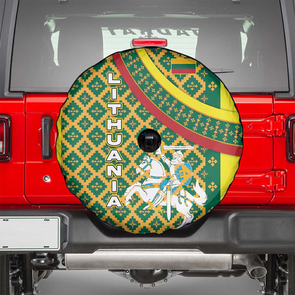 Lithuania Knight Pattern Spare Tire Cover with Traditional Green Yellow Red Design and Vytis Emblem - Wonder Print Shop