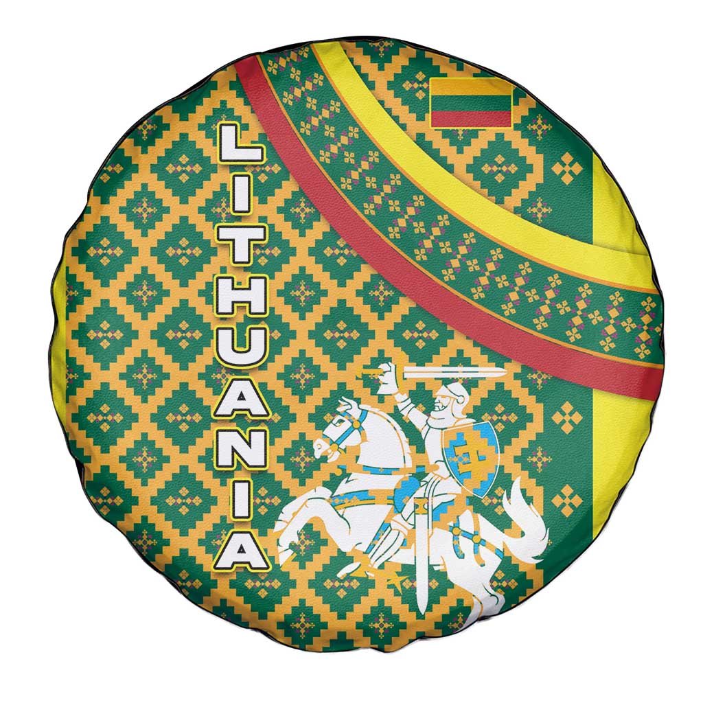 Lithuania Knight Pattern Spare Tire Cover with Traditional Green Yellow Red Design and Vytis Emblem - Wonder Print Shop