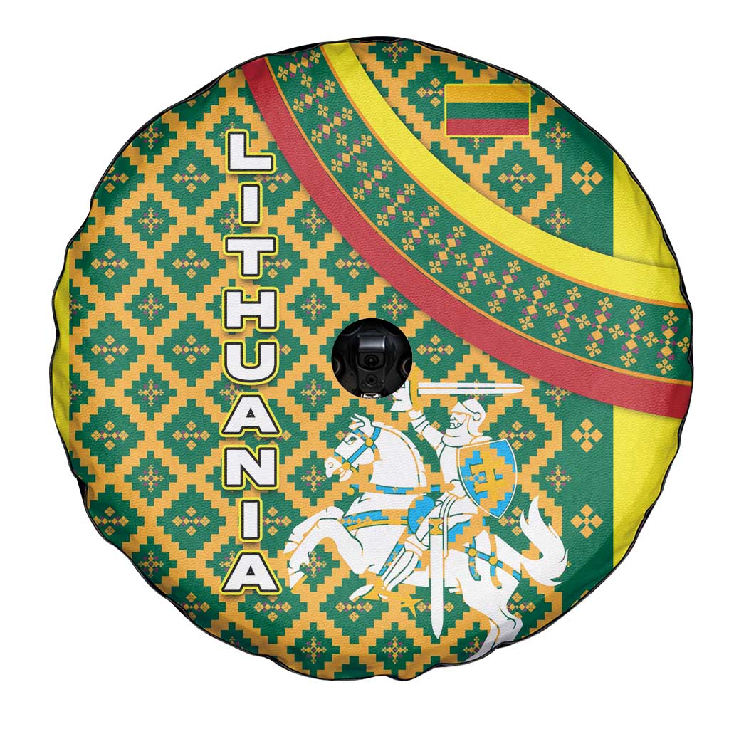 Lithuania Knight Pattern Spare Tire Cover with Traditional Green Yellow Red Design and Vytis Emblem - Wonder Print Shop