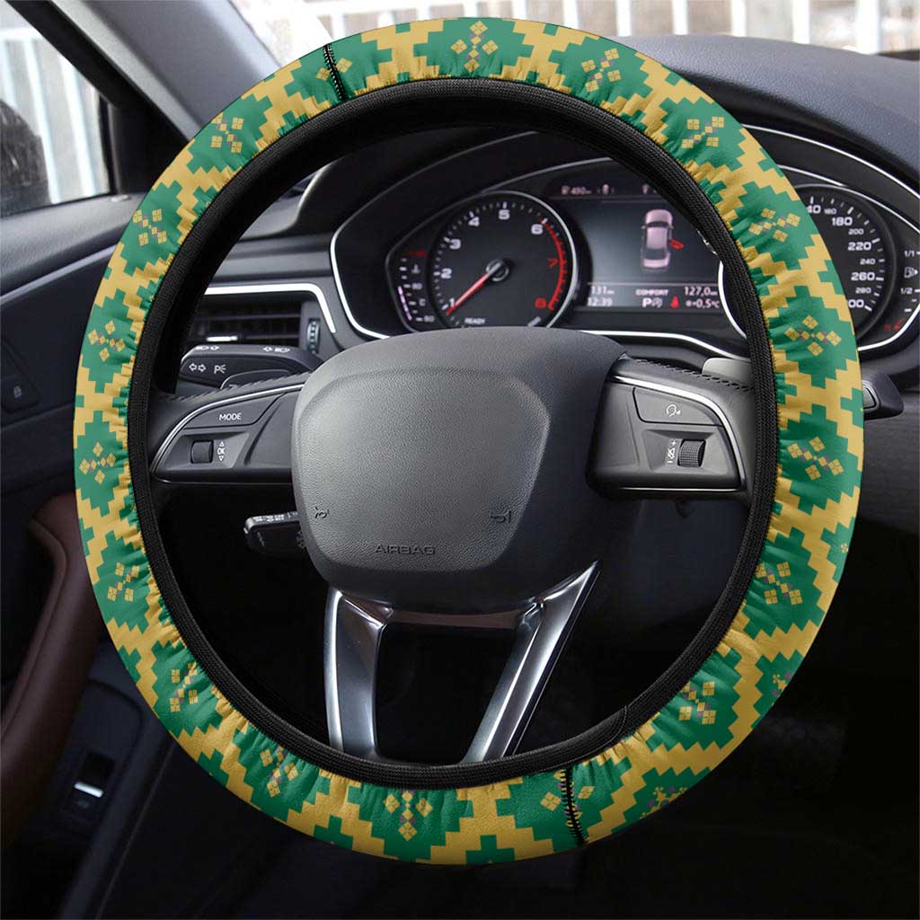 Lithuania Knight Pattern Steering Wheel Cover with Traditional Green Yellow Red Design and Vytis Emblem - Wonder Print Shop