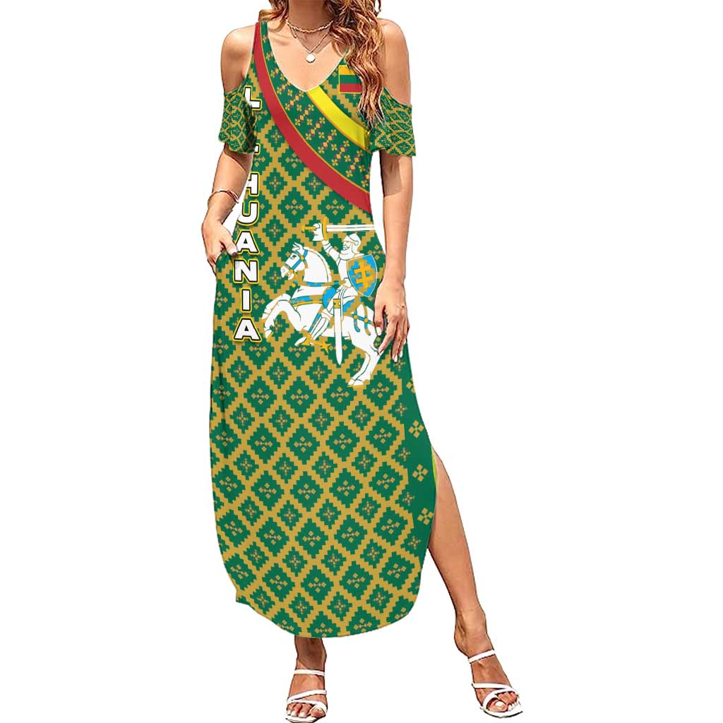 Lithuania Knight Pattern Summer Maxi Dress with Traditional Green Yellow Red Design and Vytis Emblem - Wonder Print Shop