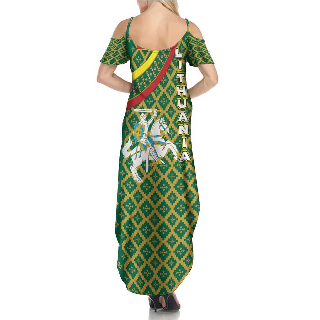 Lithuania Knight Pattern Summer Maxi Dress with Traditional Green Yellow Red Design and Vytis Emblem - Wonder Print Shop