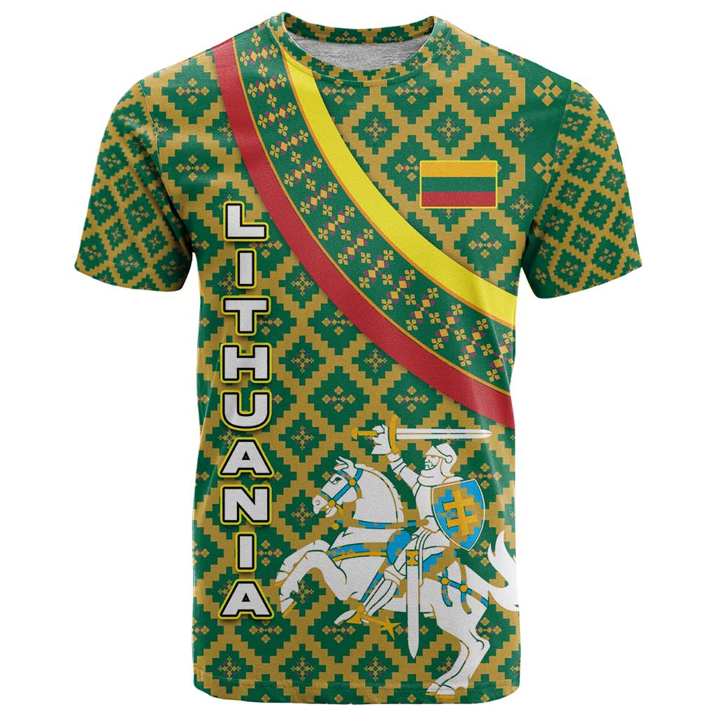Lithuania Knight Pattern T Shirt with Traditional Green Yellow Red Design and Vytis Emblem - Wonder Print Shop