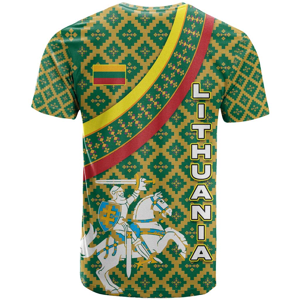 Lithuania Knight Pattern T Shirt with Traditional Green Yellow Red Design and Vytis Emblem - Wonder Print Shop