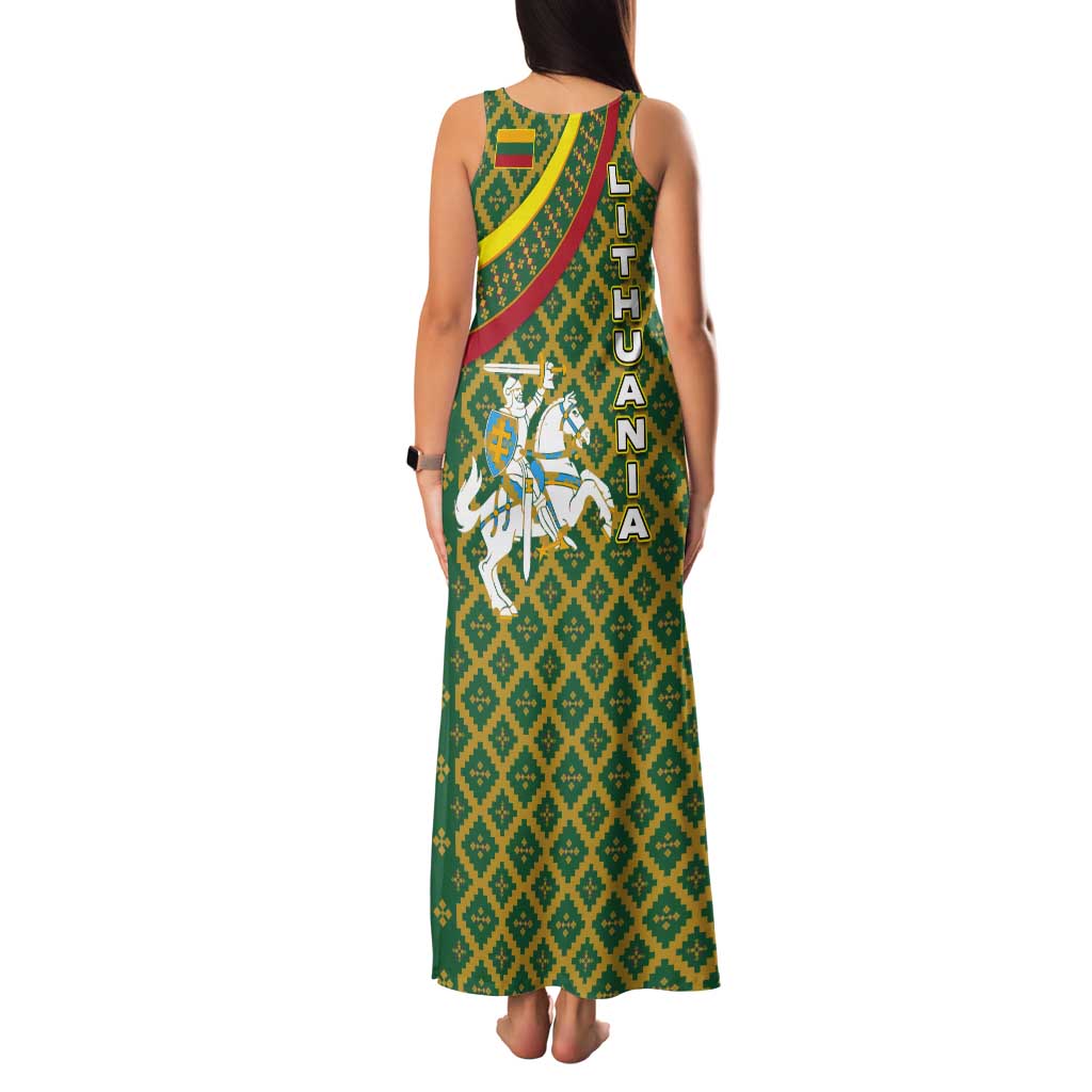 Lithuania Knight Pattern Tank Maxi Dress with Traditional Green Yellow Red Design and Vytis Emblem - Wonder Print Shop