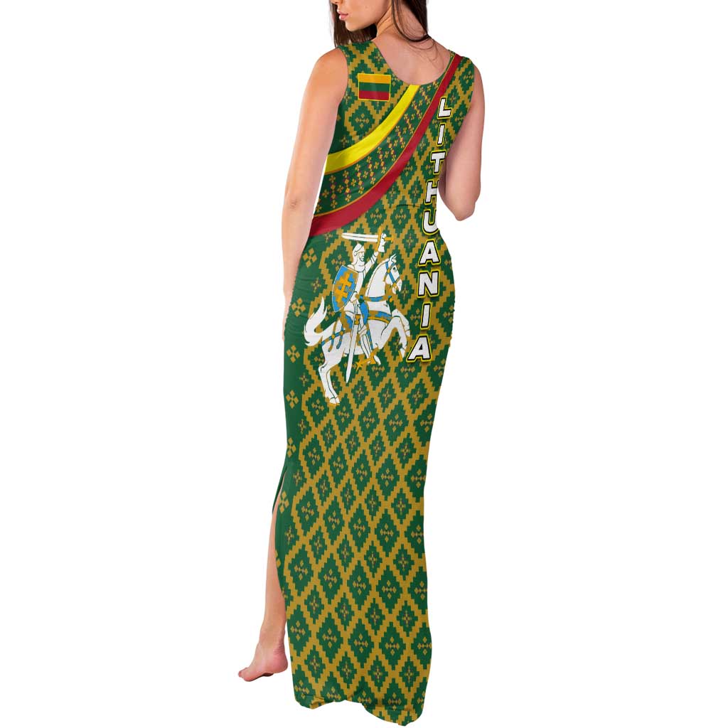 Lithuania Knight Pattern Tank Maxi Dress with Traditional Green Yellow Red Design and Vytis Emblem - Wonder Print Shop