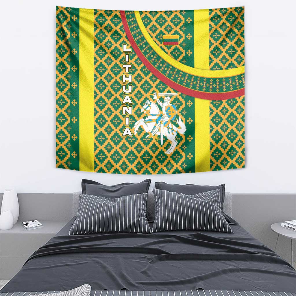 Lithuania Knight Pattern Tapestry with Traditional Green Yellow Red Design and Vytis Emblem - Wonder Print Shop